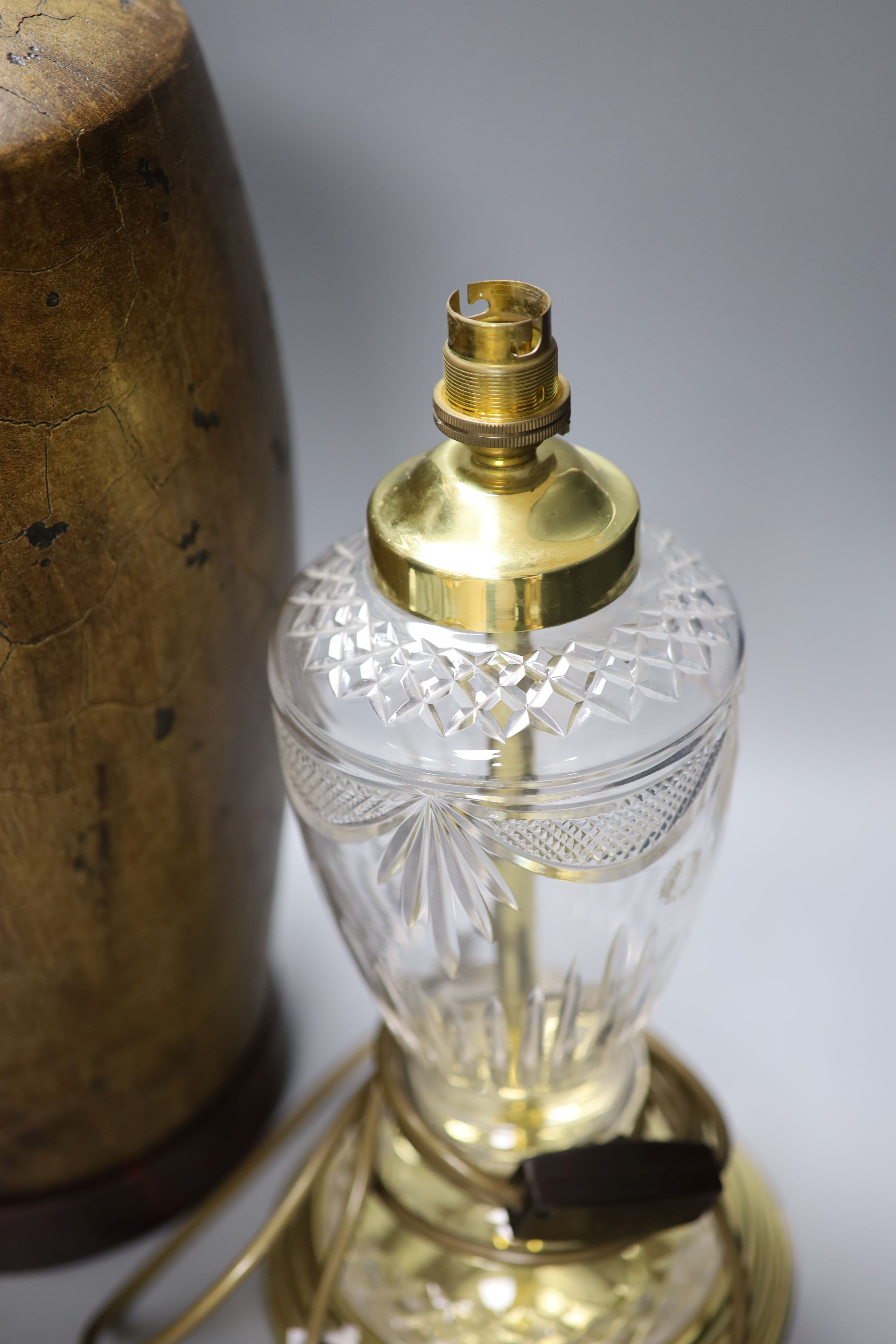 A cut glass and brass table lamp, and another lamp, tallest 40cm